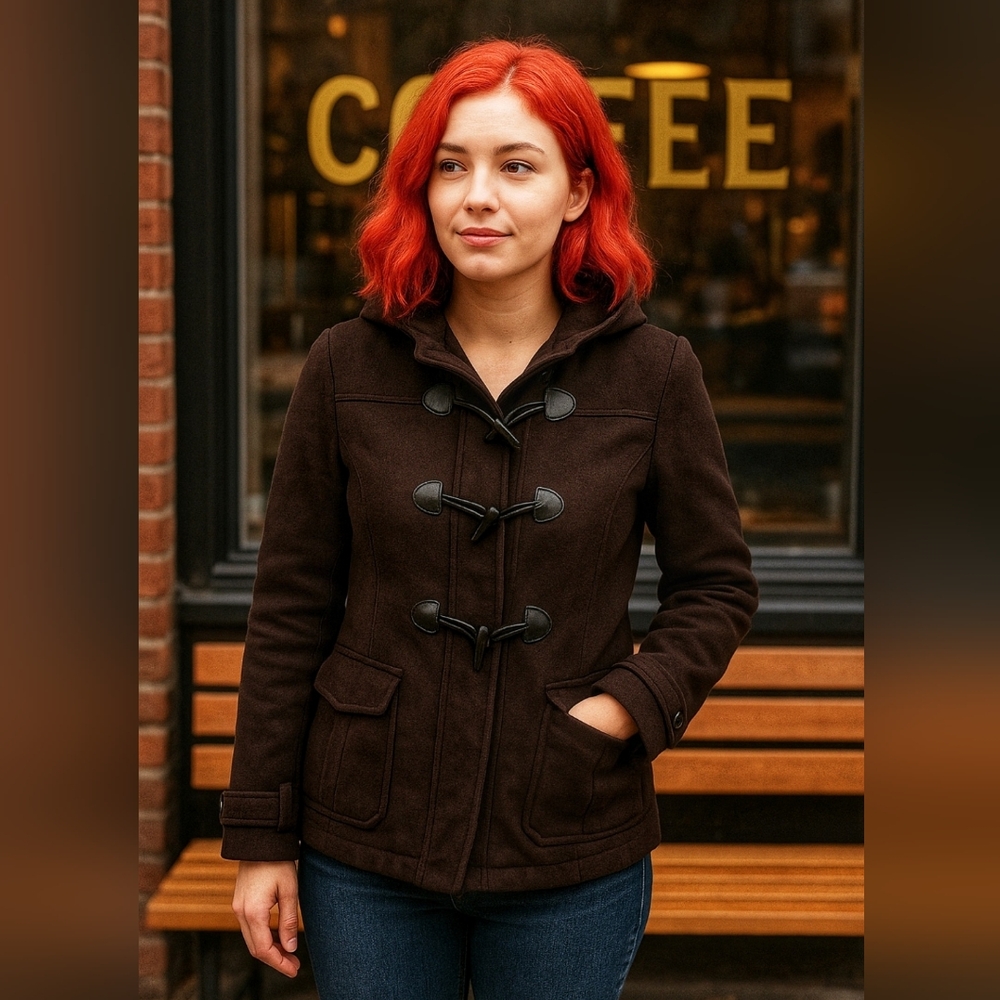 Ambiance Brown Hooded Fleece Jacket Toggle Button Cozy Fall Winter - Picture 9 of 9
